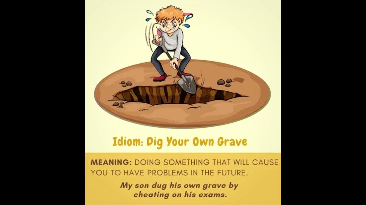 His own идиома. копает себе могилу карикатура. Be afraid of your own shadow. идиом in his own. вокабуляр на тему relationships.