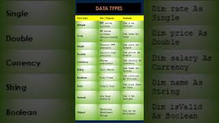 EXCEL VBA DATA TYPES
