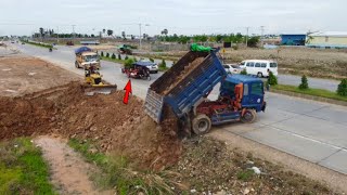 Starting A New Project!! Filling Land by Bulldozer Komatsu D31P pushing soil & 5T Dump Trucks