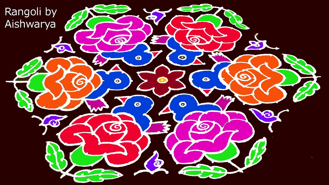 Beautiful Rose Flowers Rangoli Designs for Sankranti With 9 to 9  Big  Rangoli Kolangal