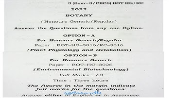 BSc 3rd sem botany honours generic regular paper Guwahati University 2022 BOT-HG-3016/ BOT-HG-3026