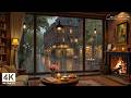 Cozy Café in the March Rainy Nights ☕ Soft Jazz & Fireplace Sounds for Calm Work and Study Hours
