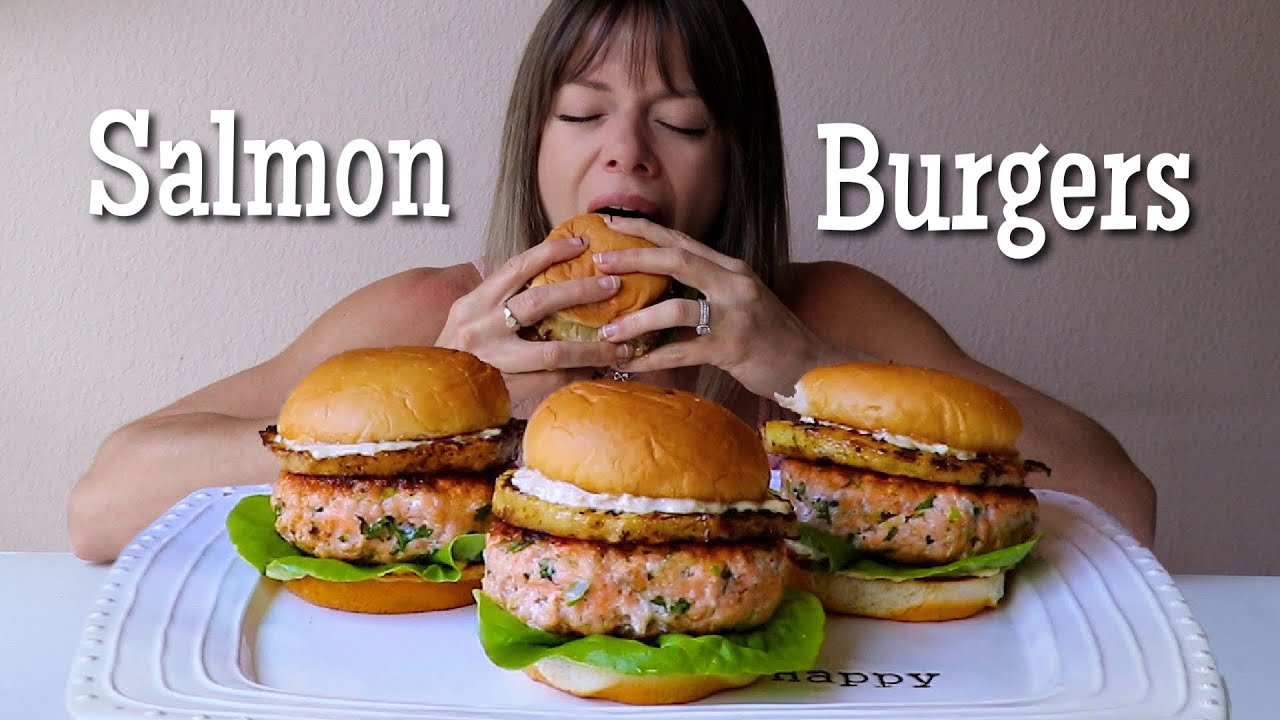 Polynesian Salmon Burgers MUKBANG w/ Caramelized Pineapple + Garlicky Ginger Lime Aioli!