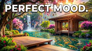 Tranquil Sunset Garden Ambience | Fish in the Lake, Birds, Waterfall & Gentle Music
