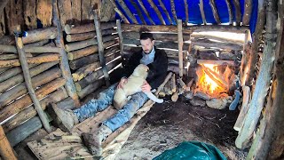 Heavy Rain Camping in Wooden Cabin • Cozy Day with my Dog in Thunderstorm  Relaxing Rain Sounds