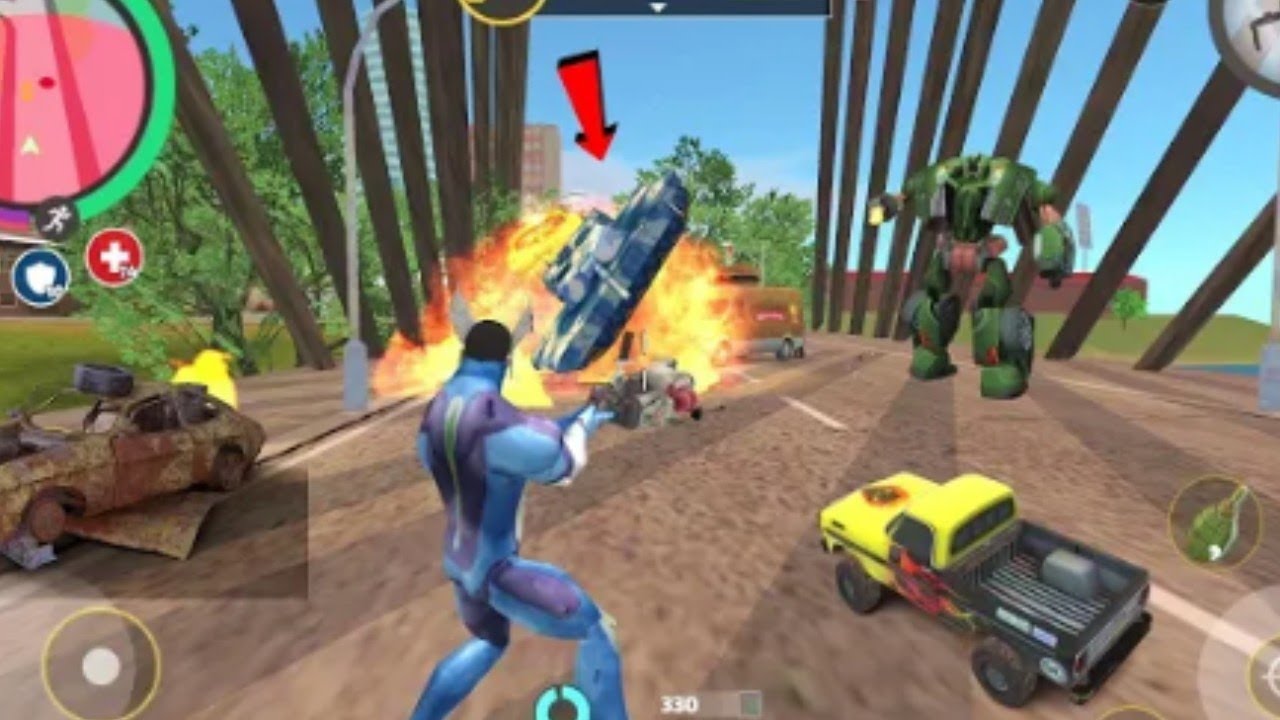 rope hero vice town  (rope hero big bang on sea bridge) rope hero destroy army tank and monster tank