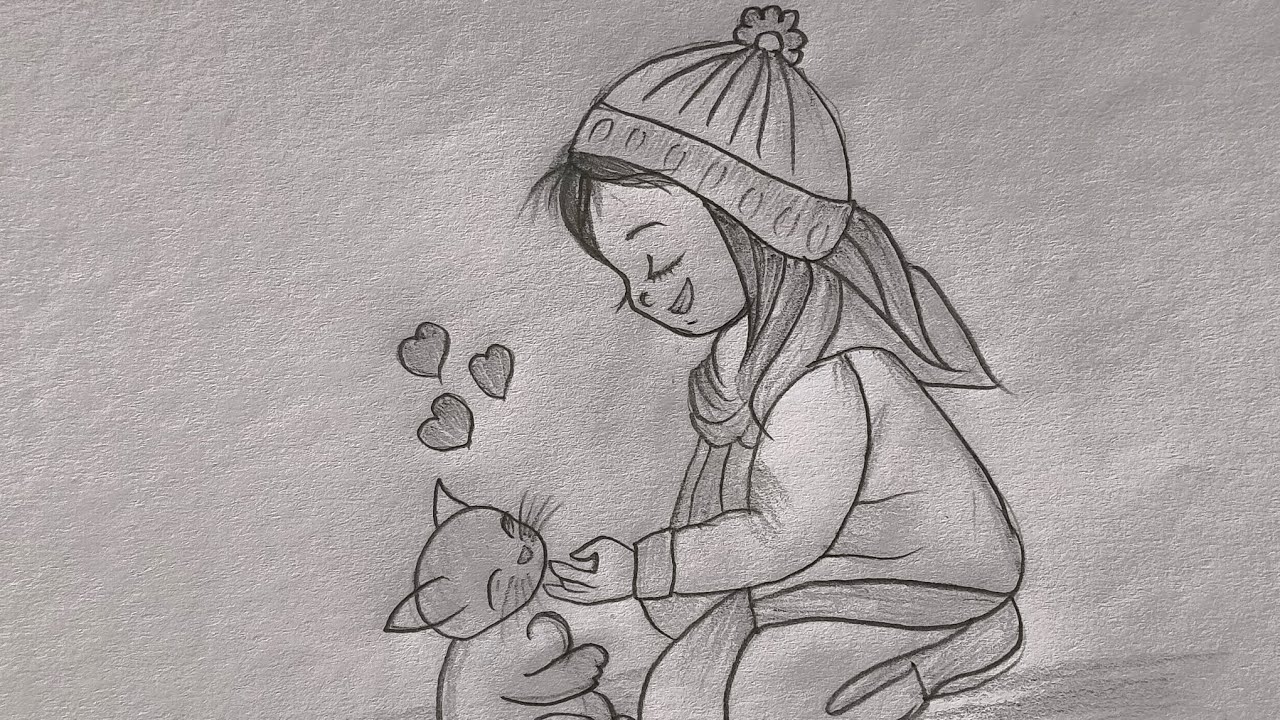 Girl Playing with Cat Drawing || Easy Outline Drawing || Step by Step Drawing 