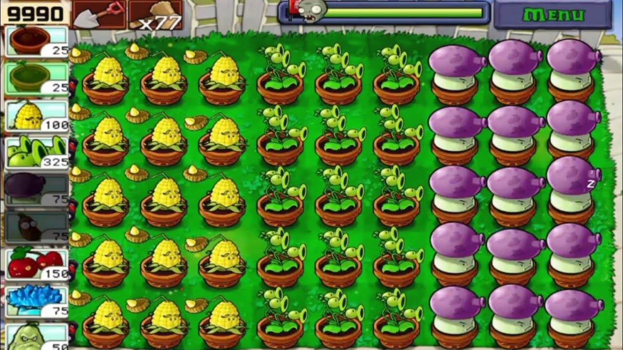 Plants vs Zombies Kernelpult + Three Peashooter + Fume shroom vs