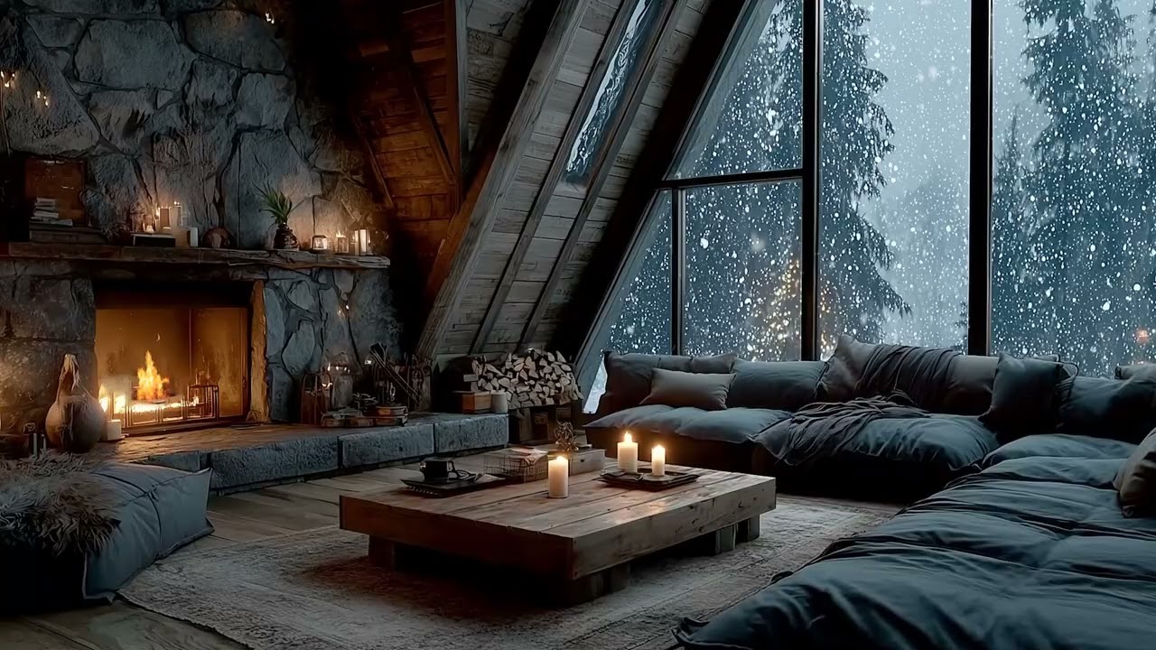 Peaceful Winter Piano Lounge ❄️ Soft Fireplace Sounds & Snowfall Ambience for Sleep & Focus