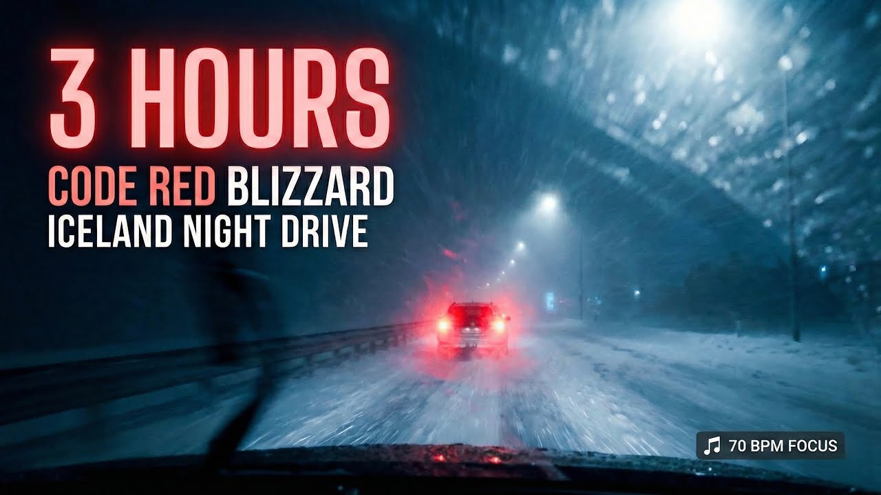 3 HOURS Driving into a Code Red Blizzard: Iceland Night | 70 BPM Focus