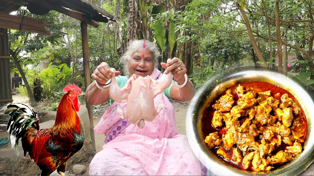 COUNTRY CHICKEN curry cooking and eating by a santali old couple||rural village India/GRANDMOTHER