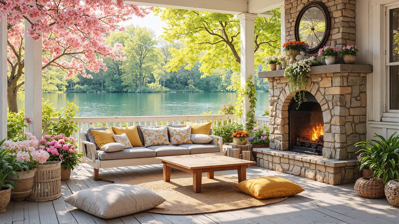 Cozy Spring Porch Ambience 🔥 Relaxing Fireplace & Gentle Piano Music for Deep Sleep