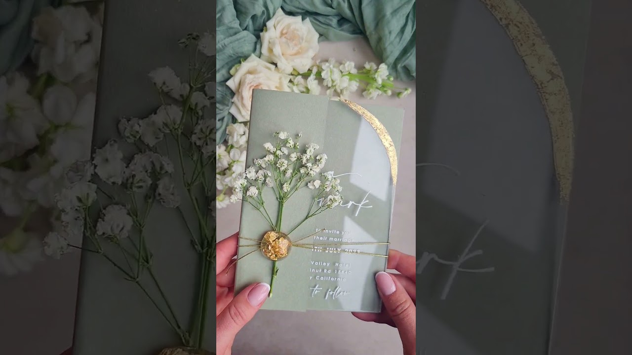 Sage Green Clear Arched Wedding Invitations, Elegant Garden Wedding Cards, Greenery Acrylic Invites