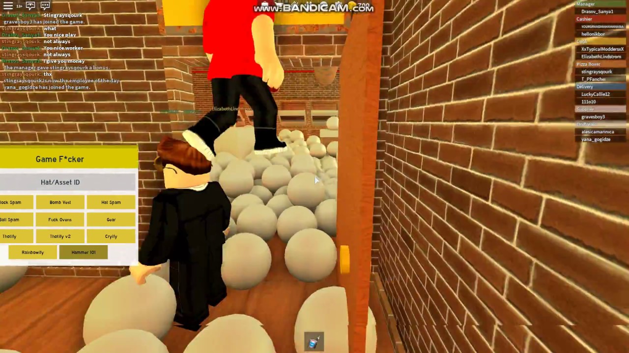 Roblox Exploiting Pizza Place Bomb Vest And Spam Balls Youtube - pizza gear roblox id