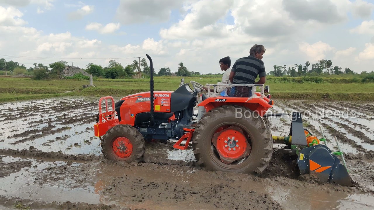 KUBOTA MU 4501 4 WD TRACTOR FEILD INSTALATION IN PADDY PUDDLING FEILD KUBOTA BOOMI AGRO NEEDS