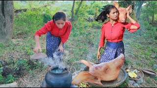 Yummy women found head pig with pineapple for cook - eating  delicious