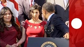 Video: Obama catches fainting pregnant woman during healthcare announcement