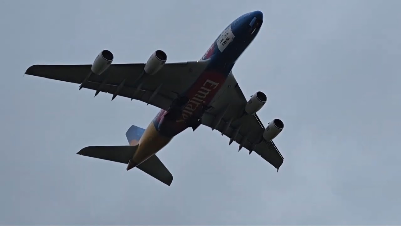 EMIRATES AIRBUS A380 A6-EOT DESTINATION DUBAI LIVERY Bursts the clouds leaving EGPF 