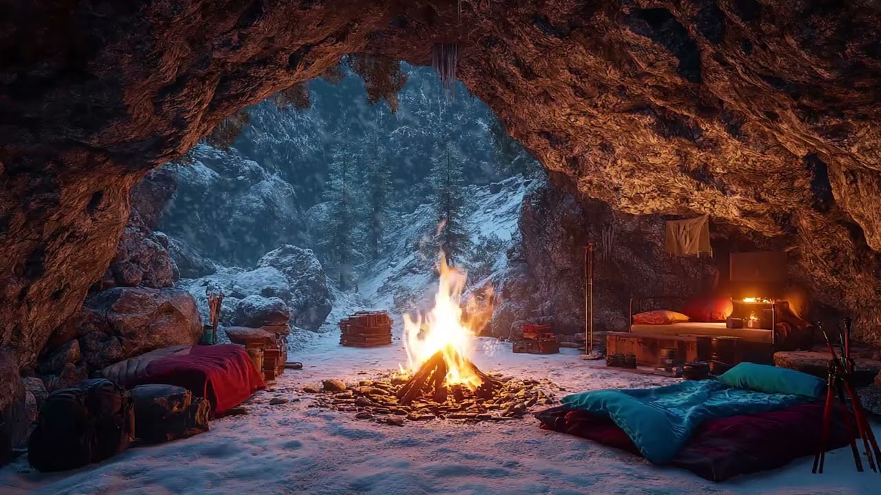 Sheltered Winter Cave   Icy Snow Outside and Warm Fire Inside for Deep Sleep and Inner Calm