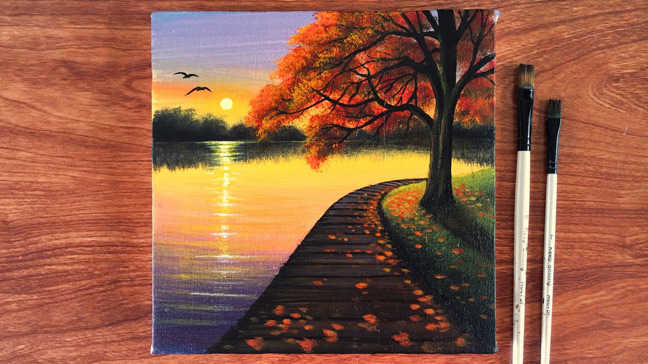 Sunset in Autumn Scene Painting for beginners | Canvas Painting - YouTube