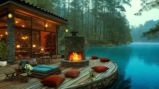 Warm Spring Porch Ambience by Fireplace and Gentle Jazz Music  Smooth Jazz Instruments for Sleep