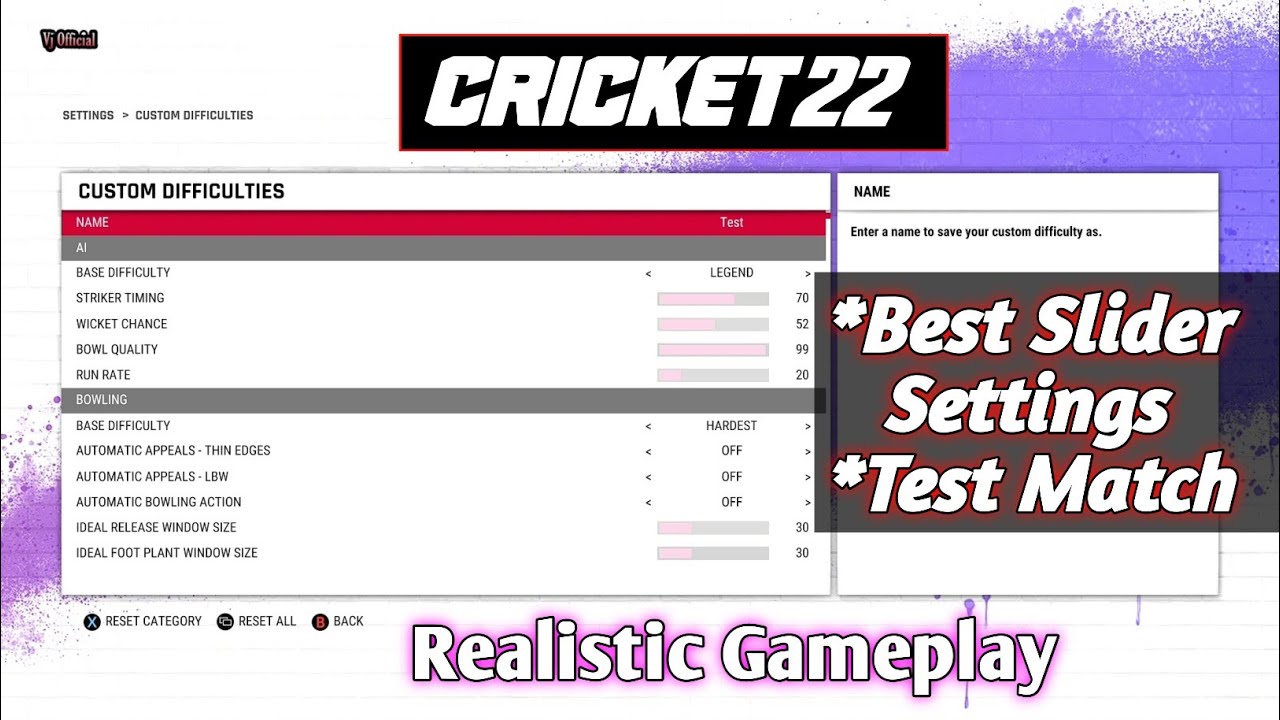 Cricket 22 - Best Slider Settings - For Test Match - Vj Official