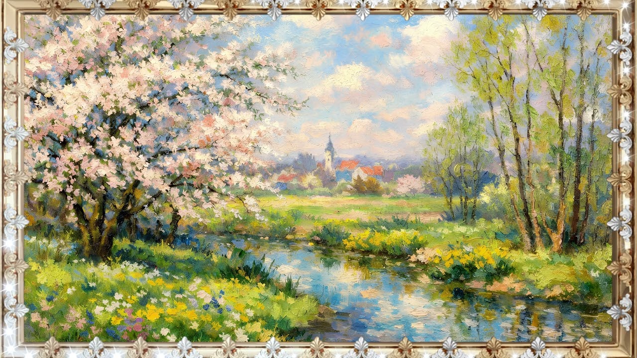 Blooming Riverbank: 4K Digital Spring Composition with Gentle Radiance | Art for Your Screen 🌷🌿