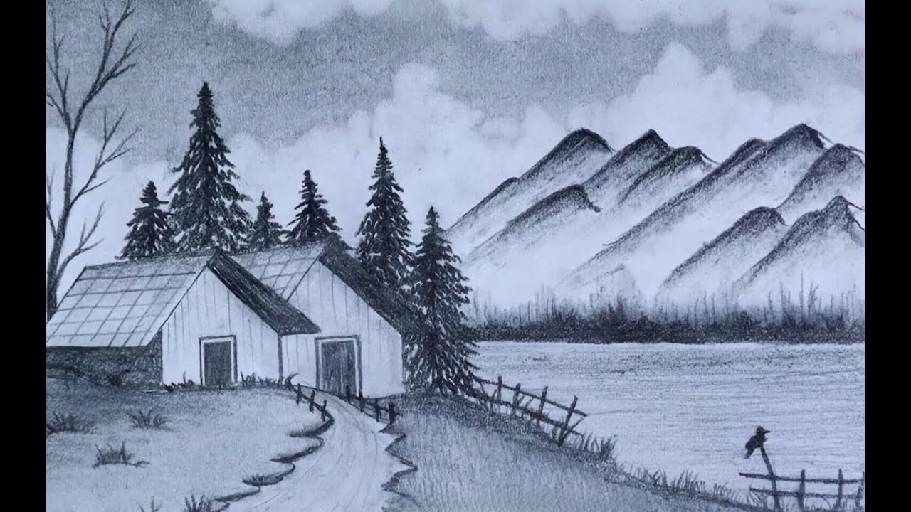 การวาดภาพทิวทัศน์หมู่บ้านที่สวยงามด้วยดินสอทีละขั้นตอน