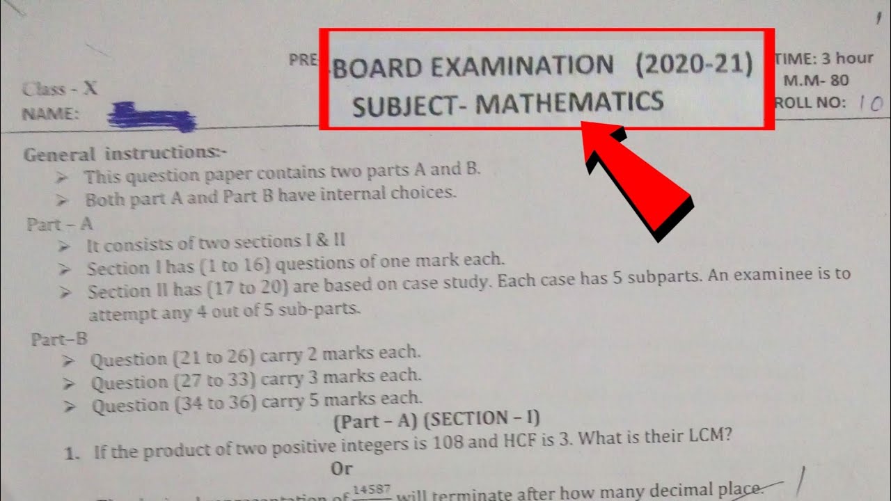 CBSE Class 10 Mathematics Final Term Question Paper 2021 Maths 10th Class Board Exam Questions