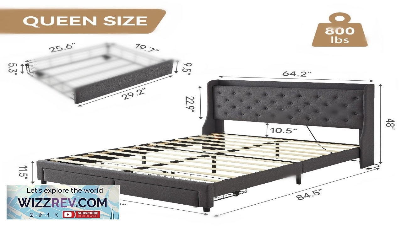 Кровать Garvee размера Queen Size с 2 выдвижными ящиками для хранения и USB-зарядкой.