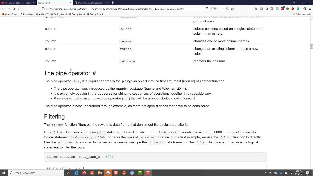 An overview of dplyr verbs and the pipe operator YouTube