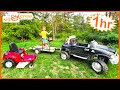 Landscaping compilation with kids ride on zero turn mower tractor truck and chainsaw  educational