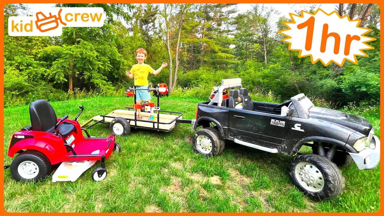 Landscaping compilation with kids ride on zero turn mower, tractor