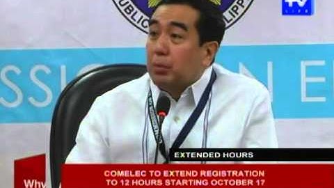 COMELEC to extend registration to 12 hours starting October 17