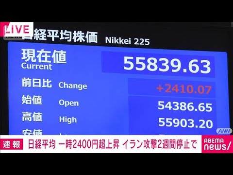 【速報】イラン情勢受け　日経平均株価が急騰　原油先物価格が急落(2026年4月8日)