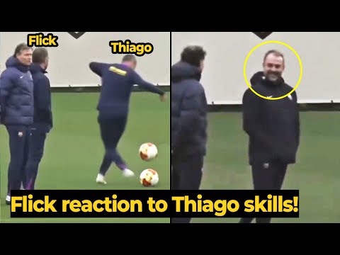 Hansi Flick is left stunned by Thiago Alcantara’s skills during a Barcelona training session