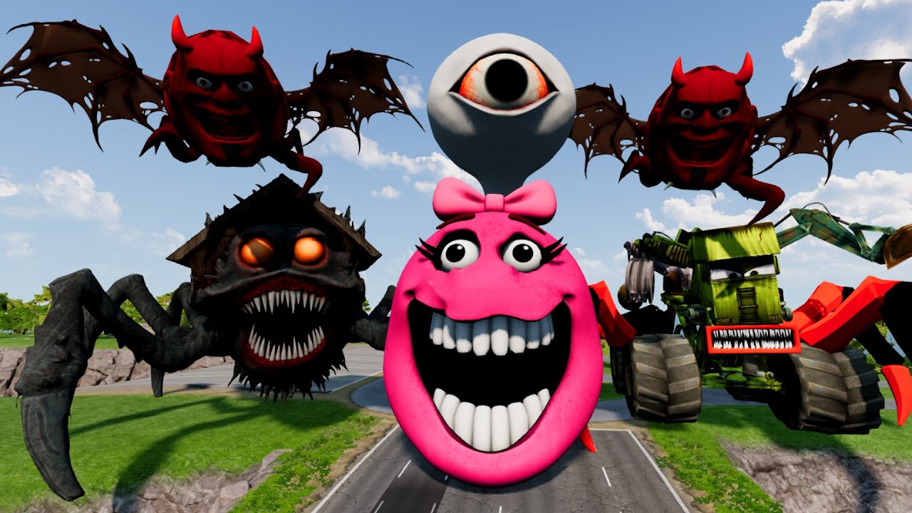 MONSTERS McQueen Transportation Triple Flatbed Trailer with BUS EATER vs HUNGRY WORM - BeamNG