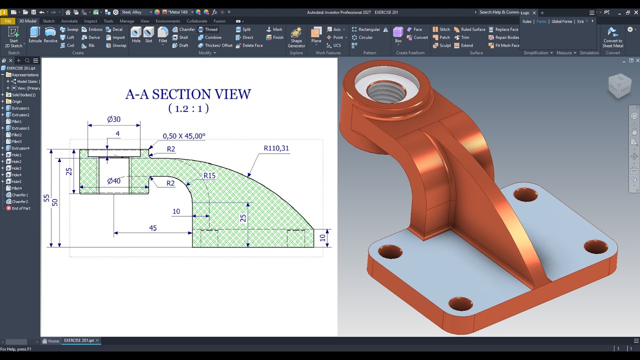 Autodesk inventor 3D Modeling Step-by-Step EXERCISE 201 - YouTube