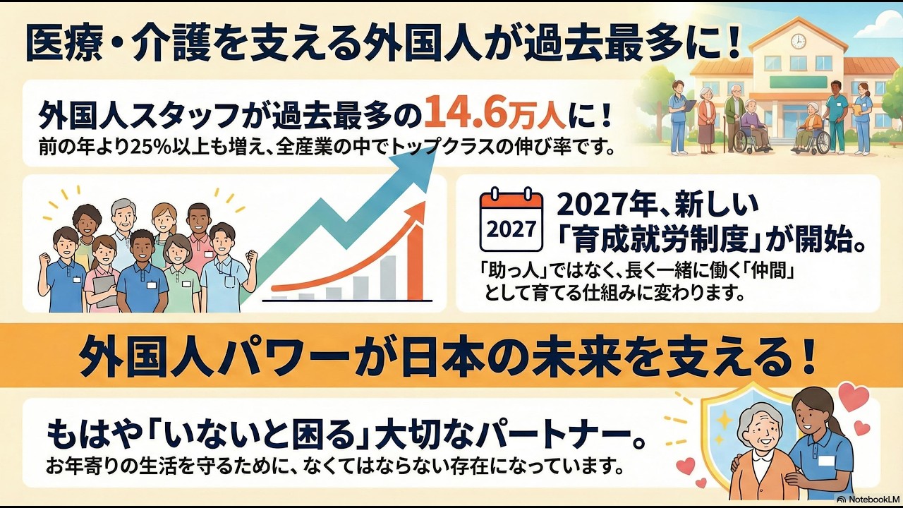 医療・福祉の外国人労働者が過去最多。日本の少子高齢化と2027年育成就労制度について