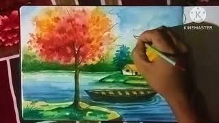 Beautiful village landscape scenery painting/village scenery painting with earth colour.