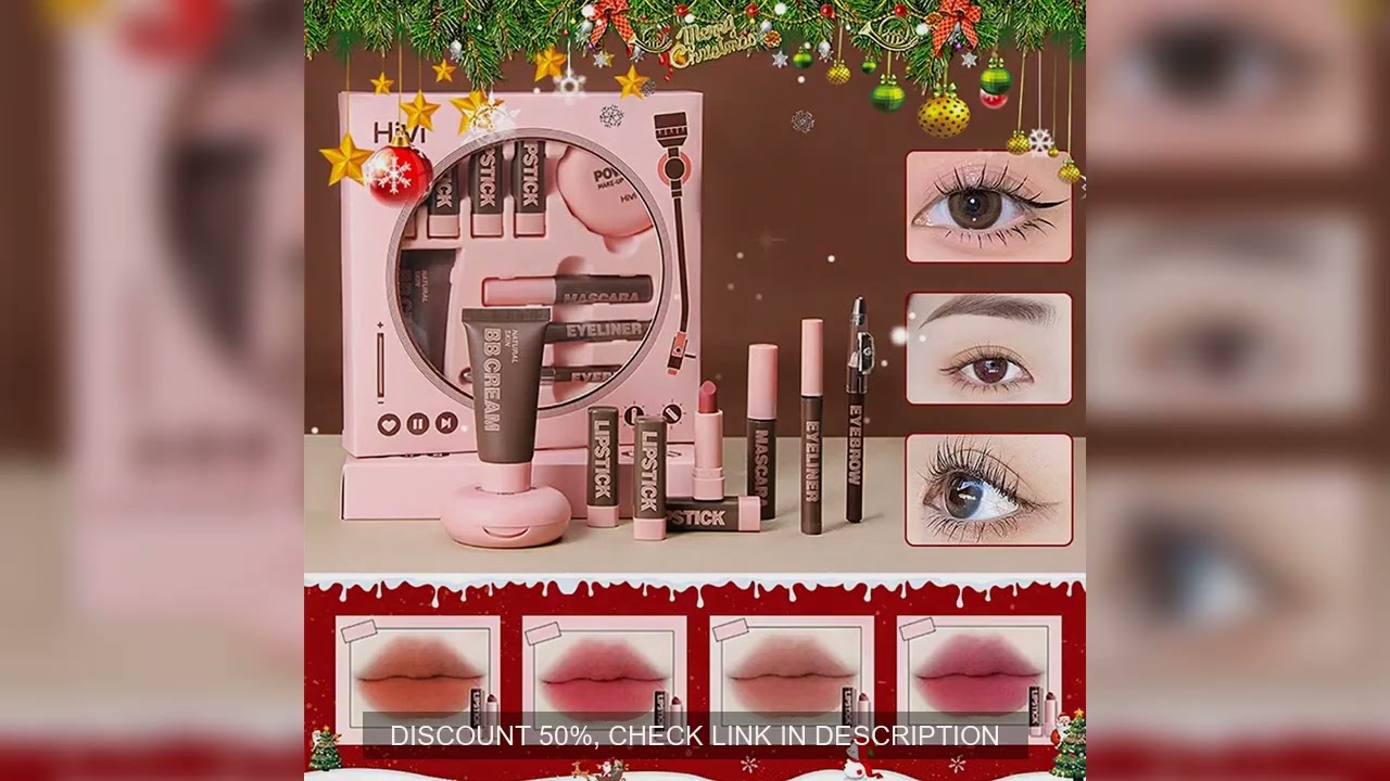 Women's Christmas makeup set, 9 lipsticks & powder press &BB cream & eyebrow pencil & mascara & eyel