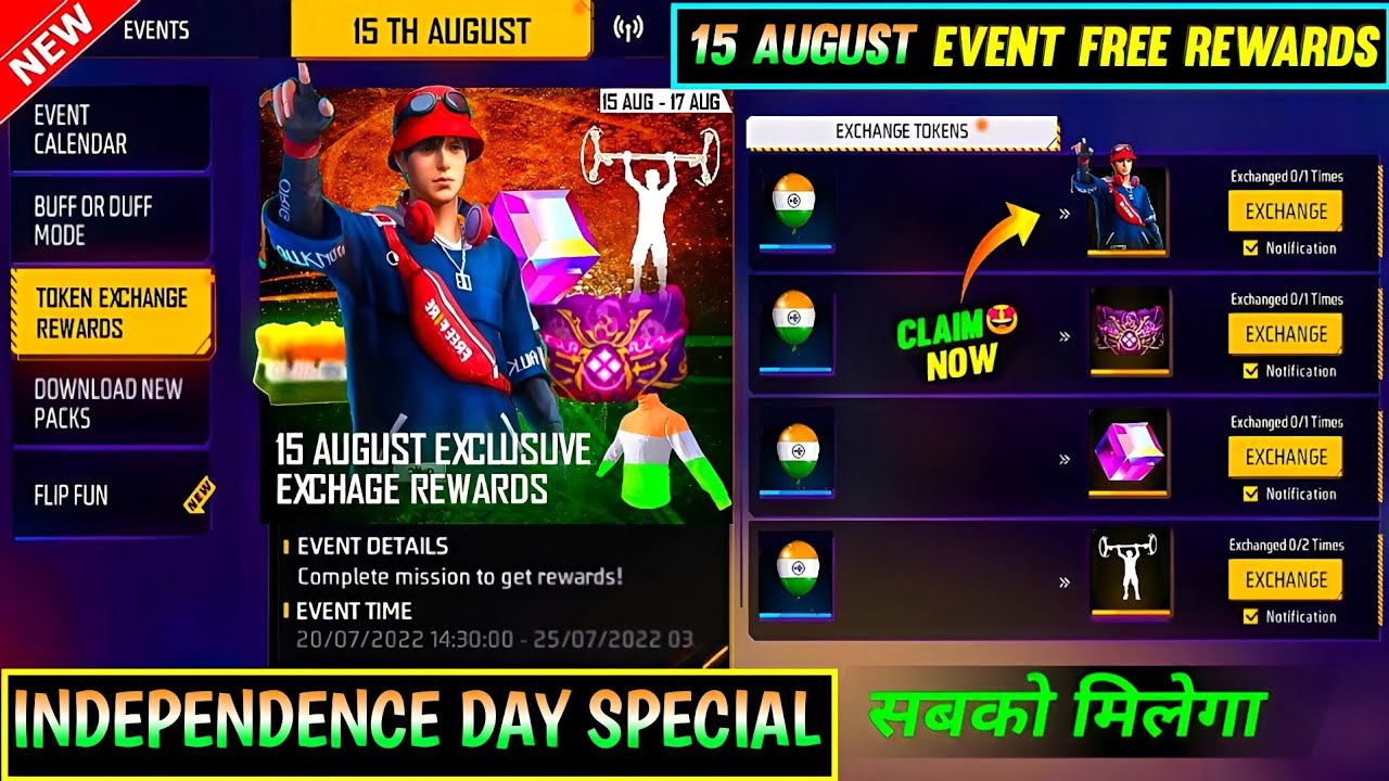 15 AUGUST EVENT 2022 🔥 FREE FIRE INDEPENDENCE DAY EVENT REWARDS | FREE FIRE NEW EVENT | TODAY EVENT