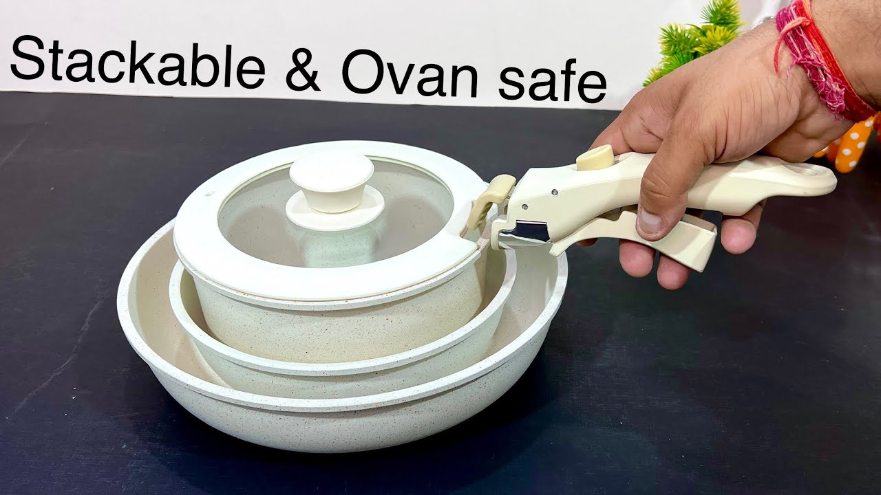 Steel Detachable Handle Pots and Pans - 3 Piece White Ceramic