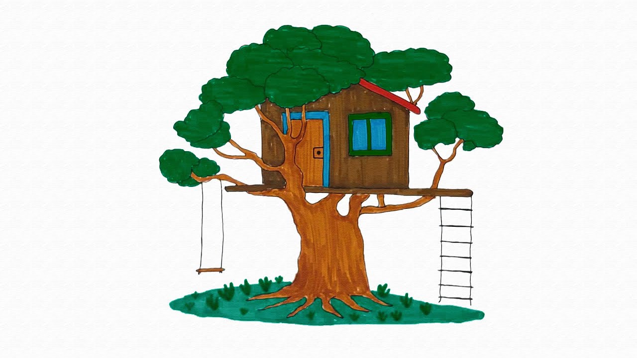 How to easy drawing Tree house for Kids Children's