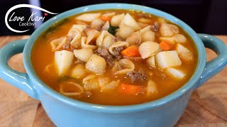 Traditional Mexican Concha Shell Soup with Ground Beef (Sopa de Conchitas con Carne Molida)