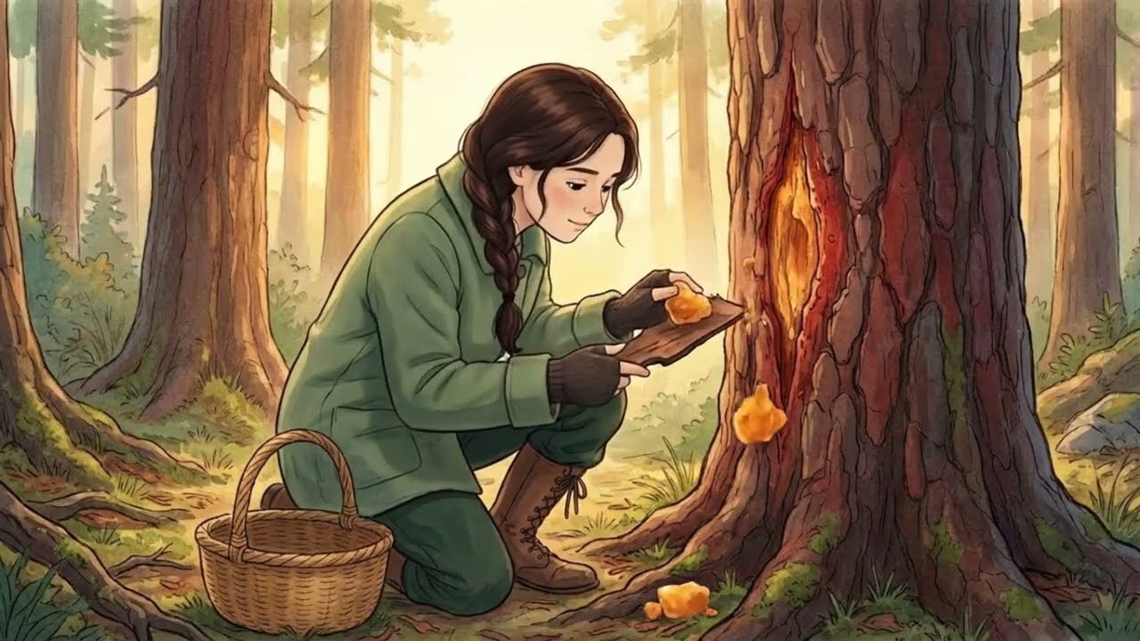 Collecting pine resin in the forest – Purifying it over fire and making healing salves for winter