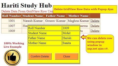 Delete GridView Row Data Through Popup Window Asp.Net C# Ajax | Hindi | Free Online Learning Classes