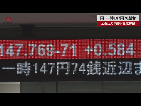 【速報】円、一時147円70銭台 32年ぶり円安ドル高更新