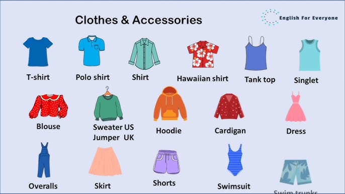 Clothes Vocabulary in English, List of 100 Clothes and Accessories