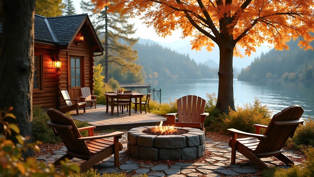 Autumn Morning Lakeside Cabin Escape: Cozy Fire Pit with Birdsong for ...